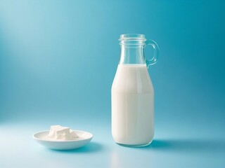 Bottle of tasty milk and fresh cheese on light table	
