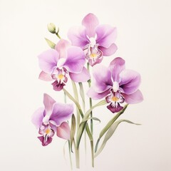 Pink violet purple watercolour orchid phalaenopsis flower painting on white background. Floral blossom concept