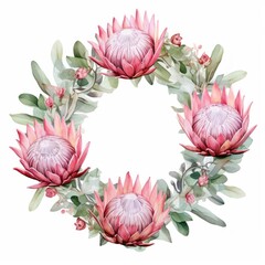 Pink watercolour protea flower Christmas wreath decoration on white background. Floral blossom holiday concept