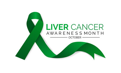 Liver Cancer Awareness Calligraphy Poster Design. Realistic Emerald Green Ribbon. Cancer can sometimes start in liver or spread from another organ.