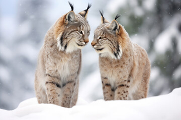 A loving couple of lynxes in the winter in the forest