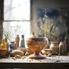 A pottery centerpiece from SereneSpaces, creating serene environments, photographed with a wide-angle lens at f 4 Generative AI