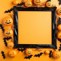 Halloween composition - orange pumpkins and bats on yellow background, copy space, top view, greeting card, design mock up