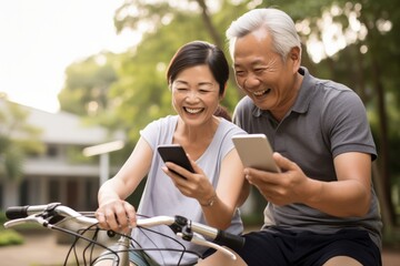 happiness adult mature old age retired couple hand using smartphone application checking route map location while riding exercise bicycle morning garden park freshness healthy concept