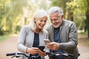 happiness adult mature old age retired couple hand using smartphone application checking route map location while riding exercise bicycle morning garden park freshness healthy concept - Powered by Adobe