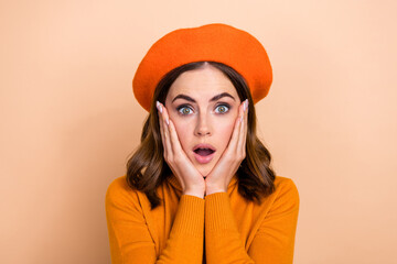 Close up photo of worried nervous lady wear trendy clothes unexpected unbelievable reaction low...