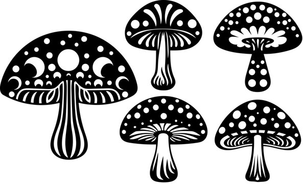 Mushroom SVG Bundle, Black Mushrooms Silhouette Clipart, Printable Vector Images, Laser Cut File, PNG Sublimation Designs