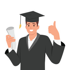 Happy young graduate man in graduation gown and hat holding diploma and certificate showing thumb up. Flat vector illustration isolated on white background