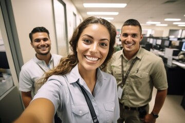 Obraz premium Smiling office workers looking at the computer camera talking to other coworkers remotely 