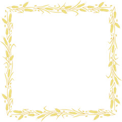 Square frame made of golden wheat or rye ears. Vector autumn border, backdrop hand drawn in Doodle flat style, isolated on white background