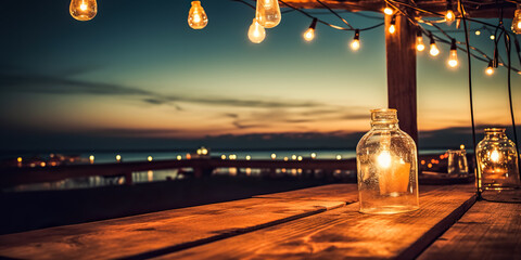 Outdoor party string lights hanging on beach bar background with Glass bottle with string light, copy space. Blurred restaurant background with abstract bokeh light for event. 
