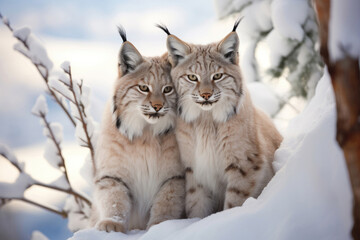 A loving couple of lynxes in the winter in the forest