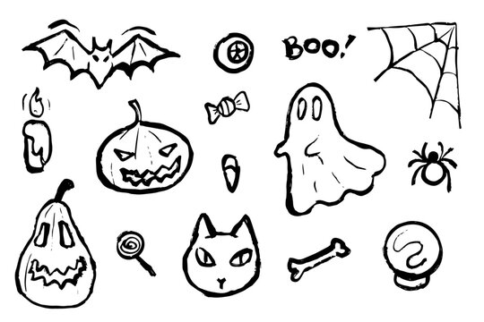Halloween hand drawn set. Illustration of cute witch, ghost, pumpkin, vampire, cat, bat, spider. Simple brush stroke elements. 