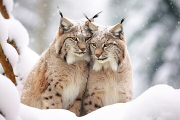 A loving couple of lynxes in the winter in the forest