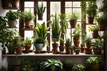 Fototapeta na wymiar House plants display. Indoor plants in window