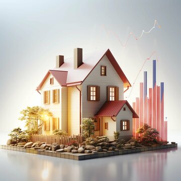 a small house and financial chart, rising real estate prices