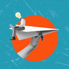 Artistic Collage: Paper Airplane with a Man Seated, Holding a Laptop and a Lightbulb as a Head.