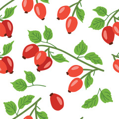 A delicate seamless pattern featuring vibrant rosehips and lush green leaves, creating a harmonious and refreshing botanical motif.