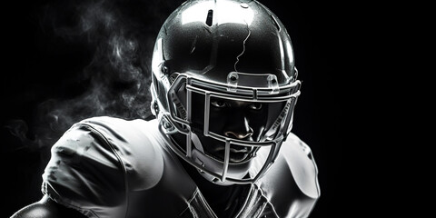 professional american football player in helmet and with ball on black background, studio shot, generative AI