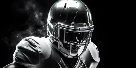 Fotobehang professional american football player in helmet and with ball on black background, studio shot, generative AI © goami