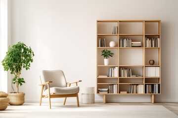 home beautiful interior template mockup living room design background cosy armchair with wooden cabinet bookshelf bright clean and clear interior space home background design