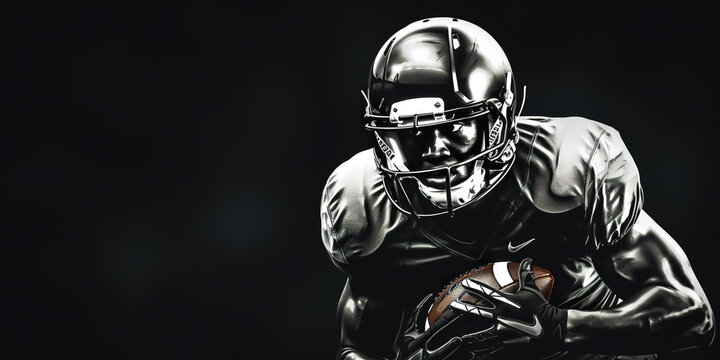 professional american football player in helmet and with ball on black background, studio shot, generative AI