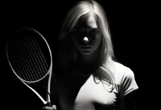 young beautiful female tennis player with racket in studio, black and white stylish shot, generative AI