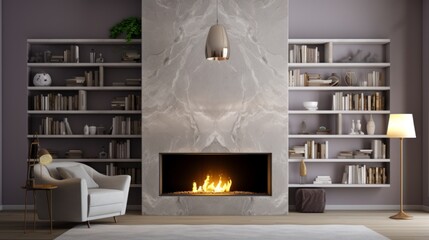 beautiful armchair sit in living room with libraby book shelf and stone marble wall fire place luxury home interior design style beautiful house design ideas concept