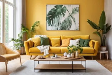 Türaufkleber Schönheitssalon mediteranean home interio design color wall in beauty living room decorative with tree pot leaf photo frame element cosy stylish home ideas decorating