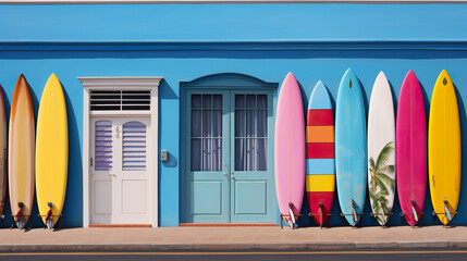 set of colorful creative surfing board standing by vibrant  wall, surfing wallpaper, generative AI - obrazy, fototapety, plakaty