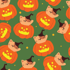 Halloween seamless pattern with cartoon pumpkin, cat, and halloween element. cute halloween wallpaper for holiday theme, gift wrap paper