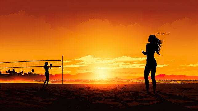illustration of female person play beach volleyball at sunset, people playing with ball at nature, generative AI