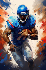 colorful illustration on american football or rugby player in helmet running, sport banner, generative AI