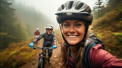 happy cheerful female in helmet ride bicycle at nature with friends and make selfie, sport outdoor,...