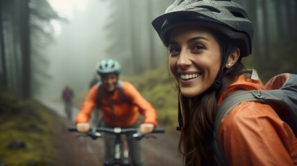 happy cheerful female in helmet ride bicycle at nature with friends and make selfie, sport outdoor,...