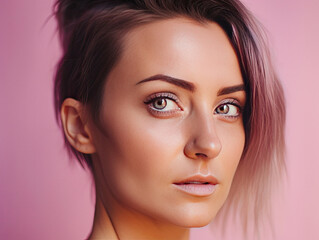 Fototapeta premium Beautiful woman posing on a pink background face care concept