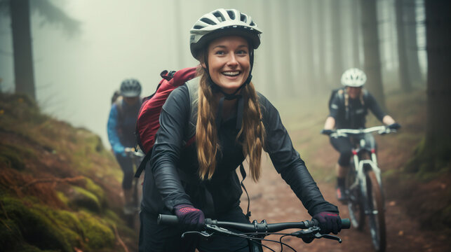 happy cheerful female in helmet ride bicycle at nature with friends and make selfie, sport outdoor, generative AI