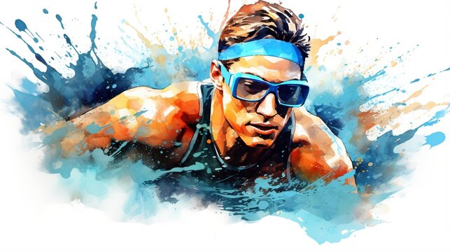 professional swimmer sportsman at swimming pool at competition, colorful illustration, generative AI