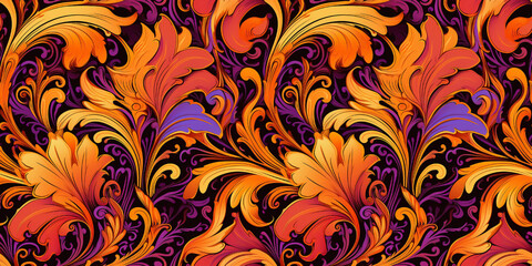 Seamless art nouveau orange and purple pattern. Mosaic for wallpaper in contemporary vintage style with bright and striking colors for the background. Tile ornament fabric backdrop.