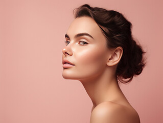 Fototapeta premium Beautiful woman posing on a pink background face care concept