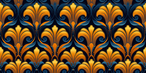 Seamless art nouveau yellow gold and blue pattern. Mosaic for wallpaper in contemporary vintage style with bright and striking colors for the background. Tile ornament fabric backdrop.