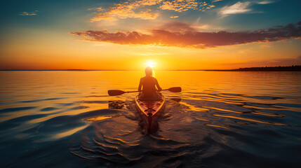 female paddling kayak boat at sunset on lake or river, tranquil scene, generative AI