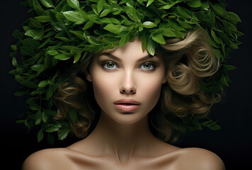 Beautiful woman with a green wreath on her head organic concept