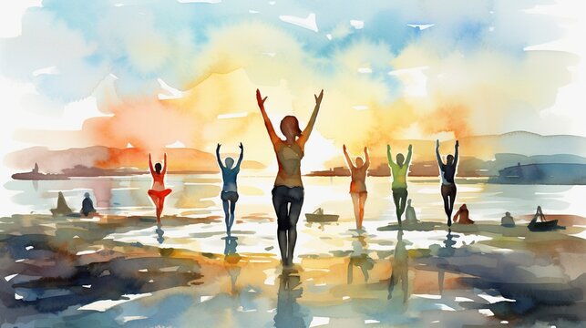 watercolor illustration of female group practice youga at nature, generative AI