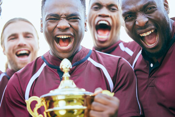 Rugby trophy, sports team portrait and excited scream for teamwork, achievement or winning game,...