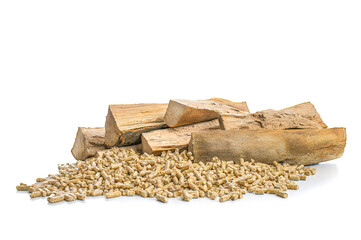 wood pellets and beech logs on white background