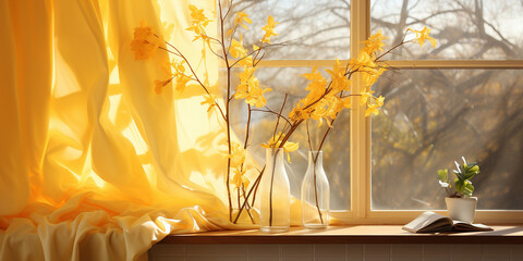 Wunderschöne gelbe Blumen in der Vase am Fenster mit grandioser Licht Sonneneinstrahlung im Querformat, als Banner, ai generativ