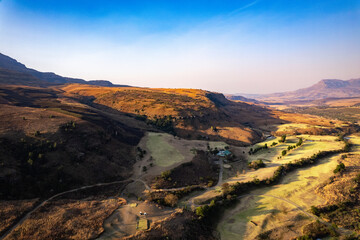 Aerial view of Cathedral Peak in Drakensberg mountains, at the Lesotho border in KwaZulu-Natal...