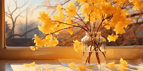 Wunderschöne gelbe Blumen in der Vase am Fenster mit grandioser Licht Sonneneinstrahlung im Querformat, als Banner, ai generativ