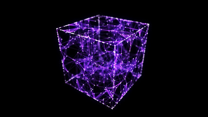 Abstract blue cube on black background. Wireframe square structure with glowing particles and lines. Futuristic digital illustration. 3D rendering.